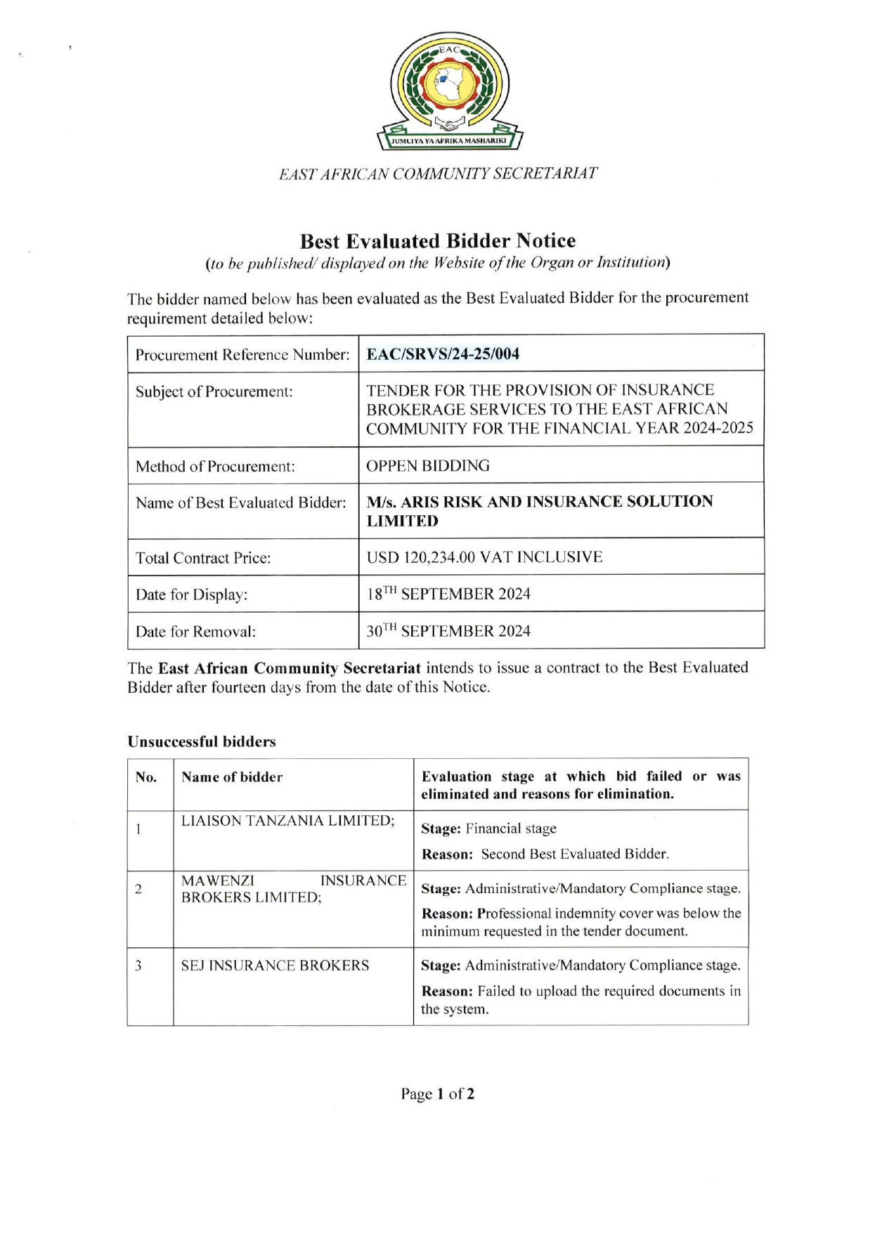 BEST EVALUATED BIDDER NOTICE 1 page 0001