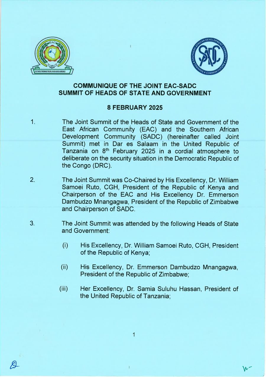 Communique of the Joint EAC SADC Summit page 0001