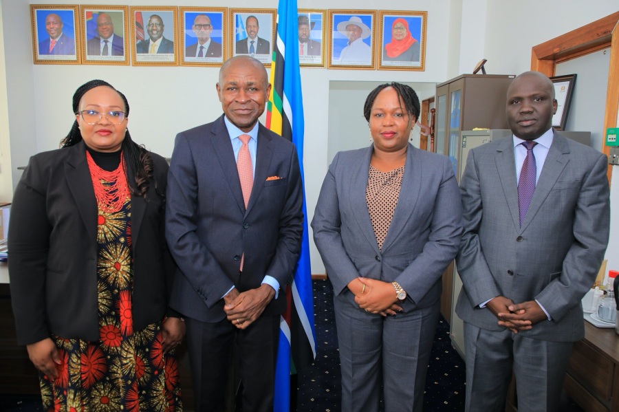 The EAC Secretary General, H.E. Veronica Nduva (second right) in a group photo with the Head of Office and UNESCO Representative to Tanzania, Mr. Michel Toto (second left) in Arusha. Also in the photo are the EAC Deputy Secretary General in charge of Infrastructure, Productive, Social and Political Sectors, Hon. Andrea Ariik (left) and the UNESCO National Programme Officer (Education), Ms. Faith Shayo.