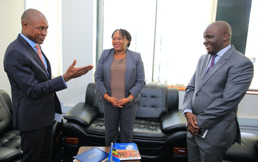 The Head of Office and UNESCO Representative to Tanzania, Mr. Michel Toto (left), confers with the EAC Secretary General, H.E. Veronica Nduva, and the EAC Deputy Secretary General in charge of Infrastructure, Productive, Social and Political Sectors during a courtesy call by the UN official on the Secretary General.