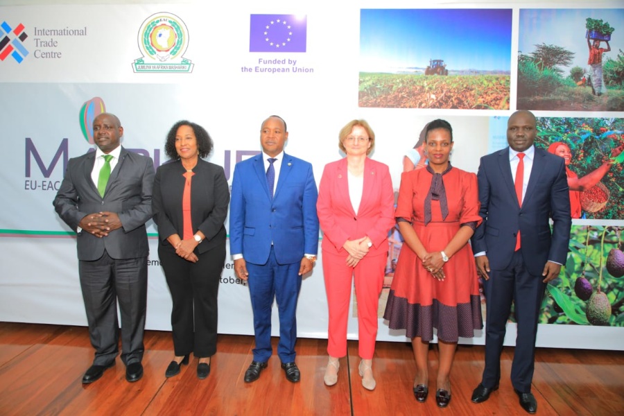 Group picture of the EAC Secretary General together with Executive Director of East African Business Council ( 1st  left) Deputy Secretary General in charge of Infrastructure, Productive, Social Sectors and Political Federation ( 1st  right), Deput Secretary General in charge of Customs, Trade and Monetary ( 2nd right) and H.E.Christine GRAU, European Union Ambassador to Tanzania ( 3rd right)