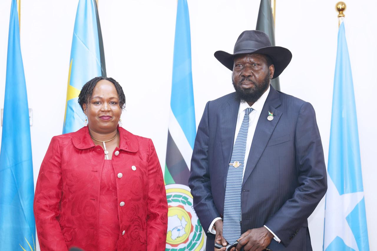 The incoming EAC Secretary General, Ms. Veronica Nduva, with H.E. President Salva Kiir Mayardit, the Chairperson of the Summit in Juba shortly after she was sworn in as SG.