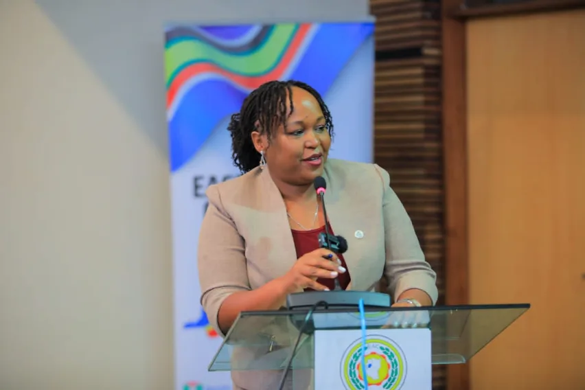H.E. Veronica Mueni Nduva, EAC Secretary General makes her remarks during her inaugural meeting with the staff 