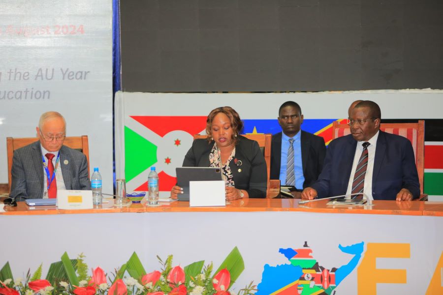 (L-R) The African Union Commissioner for Education, Science and Technology, H.E. Prof. Mohamed Belhocine; EAC Secretary General, H.E Veronica Nduva and the Vice President of the United Republic of Tanzania, H.E. Philip Mpango during the event.