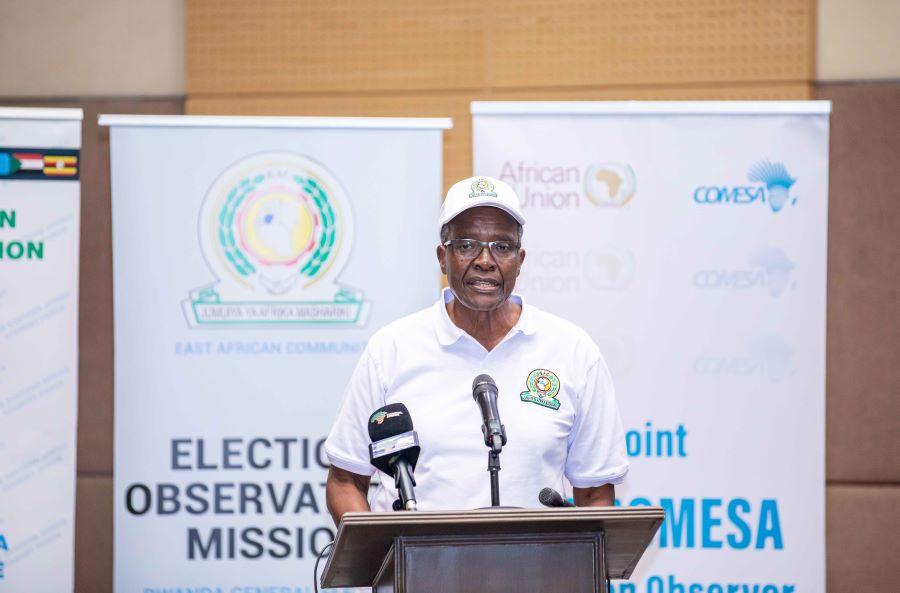 The Head of the EAC Election Observation Mission to Rwanda, Chief Justice (Emeritus) David Kenani Maraga, speaking at the ceremony to release preliminary statements on the Rwanda General Election 2024 at the Kigali Convention Centre, Kigali.