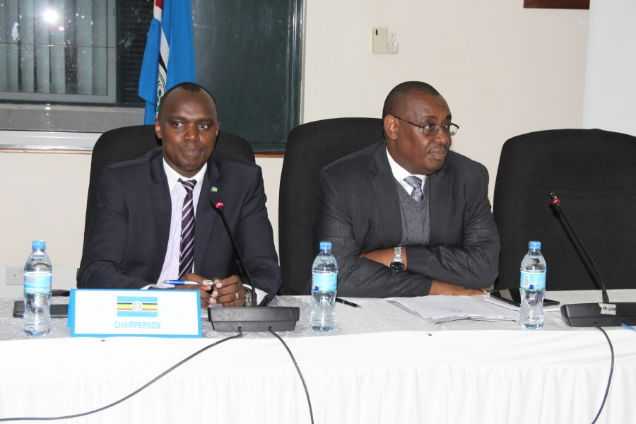The Chairperson of the Session of Senior Officials, Mr. Jean Kizito (left), with the Director General of Customs and Trade, Mr. Kenneth Bagamuhunda, during the opening session of the Sectoral Council of Trade, Industry, Finance and Investment (SCTIFI) meeting at the EA Headquarters in Arusha, Tanzania. 