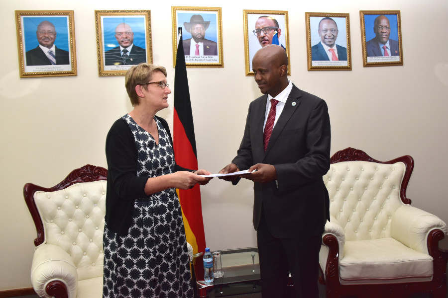 The Ambassador of the Federal Republic of Germany to Tanzania, Mrs Regine Hess presents her credentials to the Secretary General of the EAC Secretariat, Amb. Libérat Mfumukeko