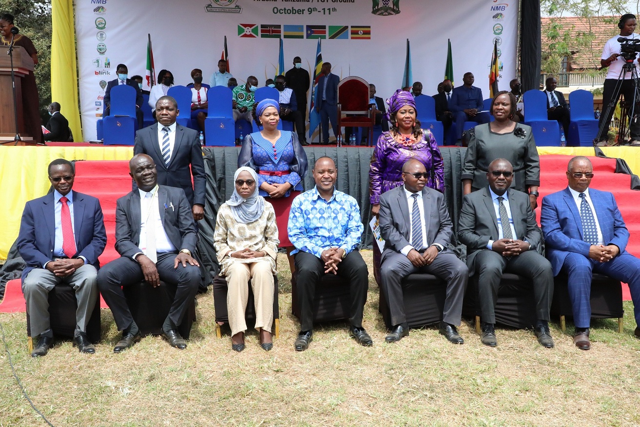 EAC Secretary General Hon. (Dr.) Peter Mathuki (centre) in a group photo with Tanzania's Minister of Natural Resources and Tourism (seated, third right), South Sudan's Minister of Tourism, Lt. General Rizik Zacharia Hassan (seated, second left) and other leaders during the 1st EAC Tourism Expo at the TGT Grounds in Arusha, Tanzania. 