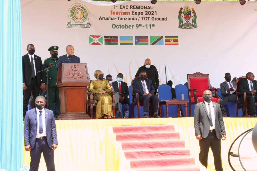 The President of Zanzibar and Chairman of the Revolutionary Council, H.E. Dr. Hussein Mwinyi makes his statement during the closing ceremony of the 1st EAC Regional Tourism Expo 2021
