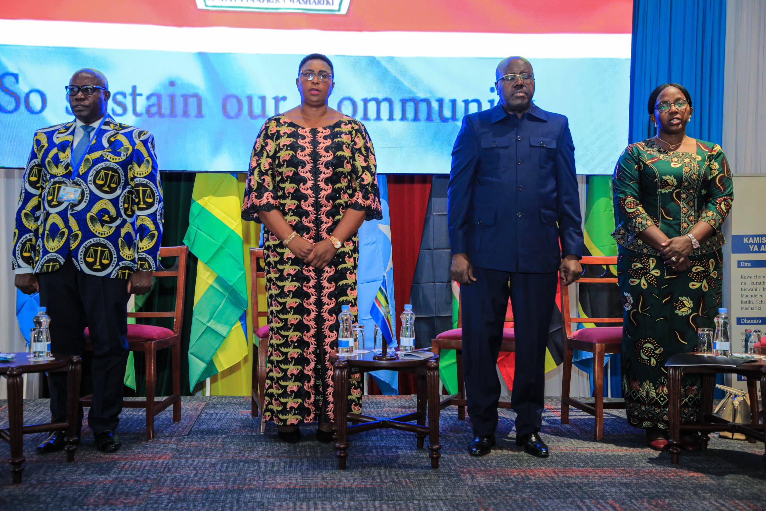  (L-R) The Judge President of the East African Court of Justice, Justice Nestor Kayobera; Kenya’s Gender, Culture, the Arts, and Heritage Cabinet Secretary, Hon. Aisha Jumwa; the Speaker of the East African Legislative Assembly, Rt. Hon. Joseph Ntakirutimana; and the East African Kiswahili Commission Executive Secretary, Dr. Caroline Asiimwe during 2nd East African Kiswahili Commission International Conference in Mombasa, Kenya.